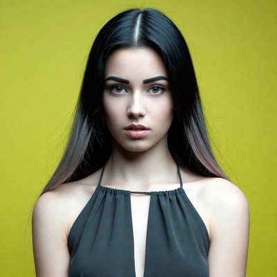 Model poses in studio with yellow backdrop