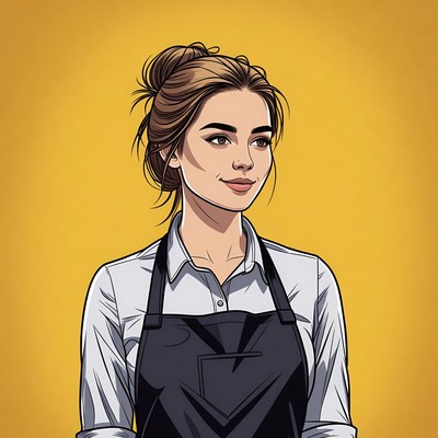 Young woman in black apron with yellow background