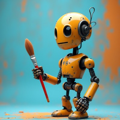 Robot holding paintbrush in studio