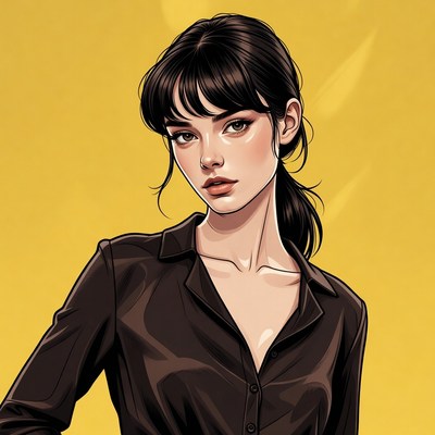 Woman in black shirt with yellow background