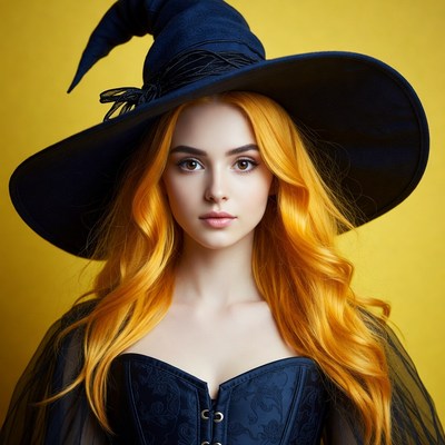 Witch with vibrant hair and hat