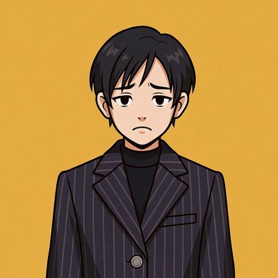 Character in black suit with plain background