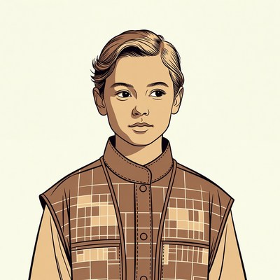 Boy in plaid vest poses calmly