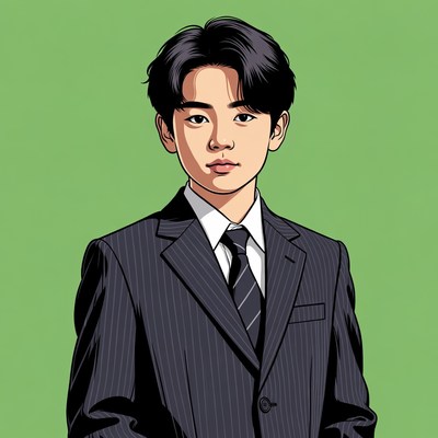 Young boy in suit stands ready