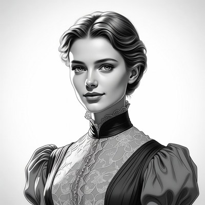 Woman in victorian dress looks toward camera