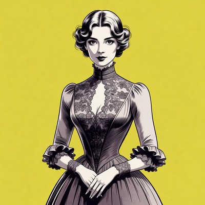 Woman in vintage dress on yellow background