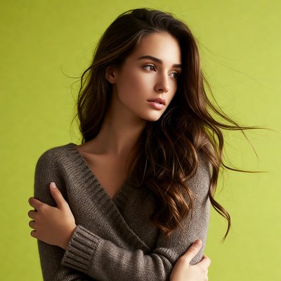 Young woman posing against green background