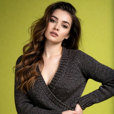 Model posing in studio with green background