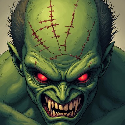 Frightening creature with scars and red eyes