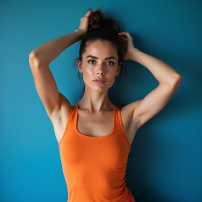 Woman poses in front of blue wall