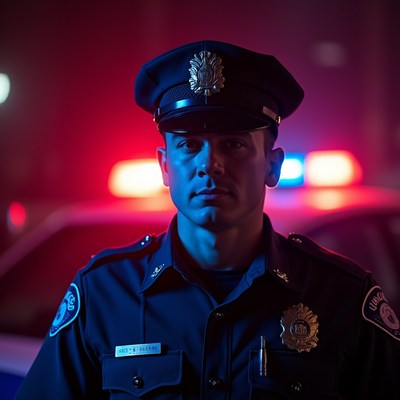 Police officer stands near patrol car