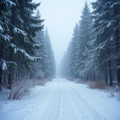Snowy forest path in winter fog