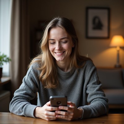 Young woman smiles while using phone