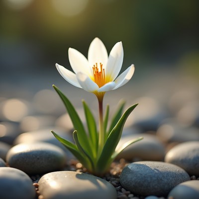 White flower grows among stones