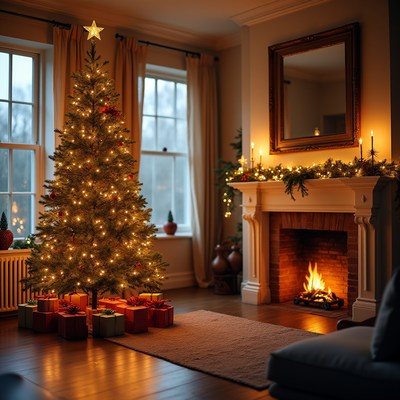 Christmas tree and fireplace scene at home