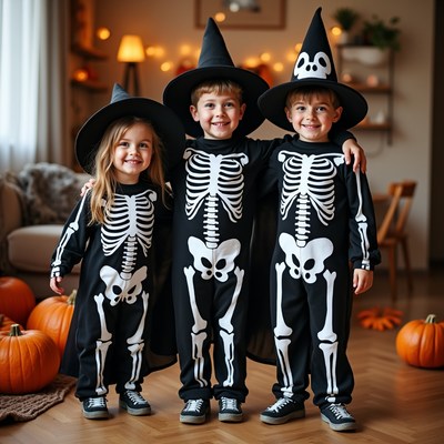 Kids in skeleton costumes for halloween