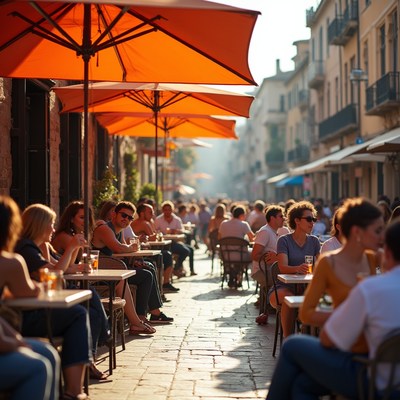 Outdoor dining with orange umbrellas in city