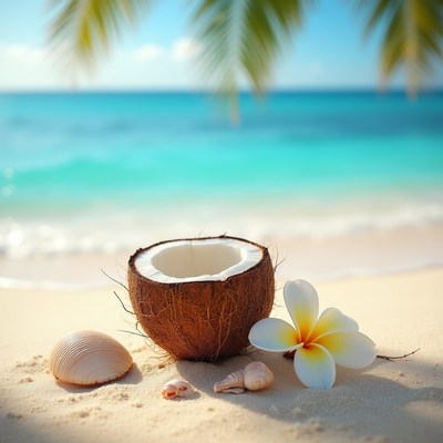 Coconut and shells on beach