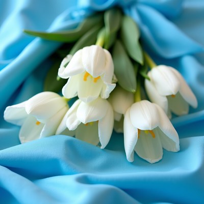 White tulips on blue fabric