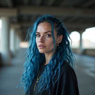 Young woman with blue hair stands still