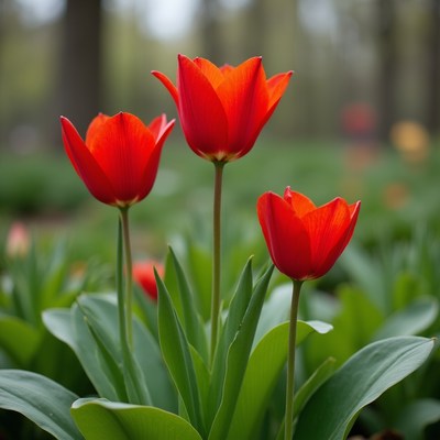 Red tulips in garden landscape