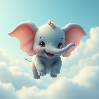 Flying elephant above clouds