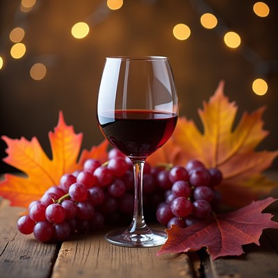 Red wine with grapes and leaves