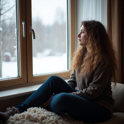 Woman sitting by window on winter day