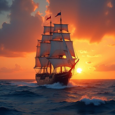 Sailing ship in sunset at sea