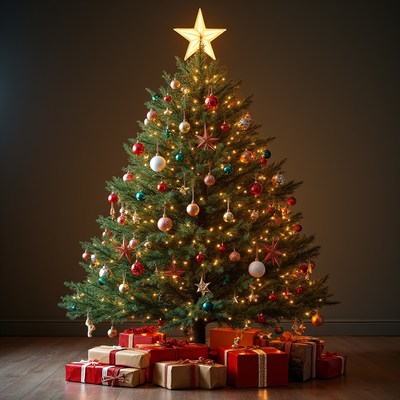 Bright christmas tree with gifts