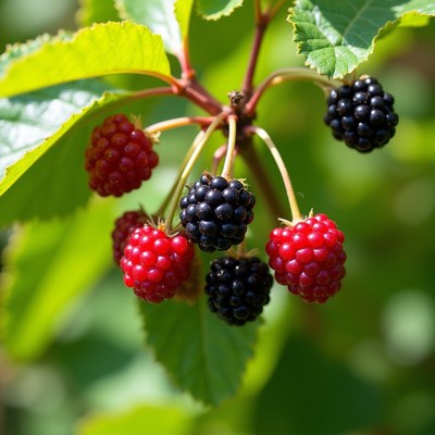 Ripe berries on a green plant in sunlight