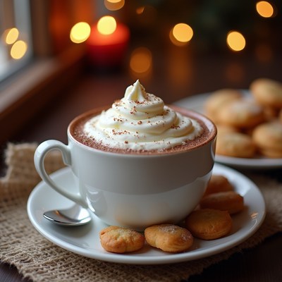 Warm drink with cookies on table