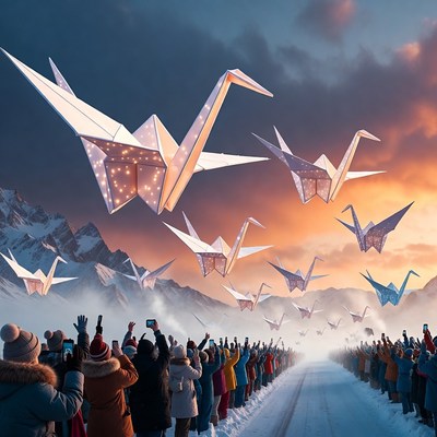 Crowd watches flying origami cranes