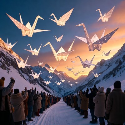 People waving at flying cranes