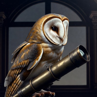 Owl with telescope in dark room