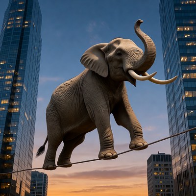 Elephant walking on tightrope at sunset