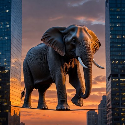 Elephant crossing between tall buildings