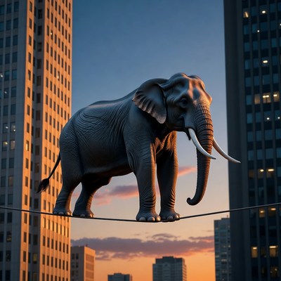 Elephant walks on tightrope between buildings