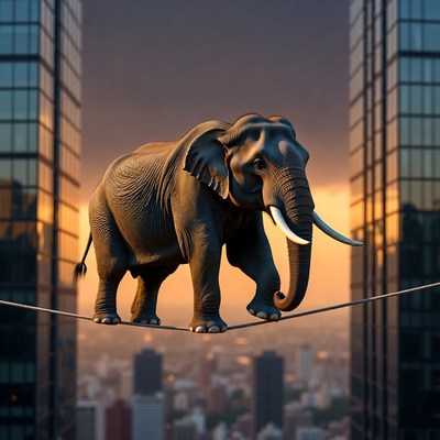 Elephant walking on tightrope over city