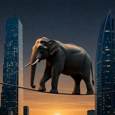 Elephant walking on a tightrope at sunset