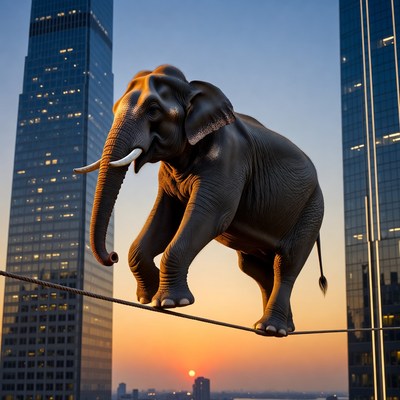 Elephant walking on tightrope at sunset