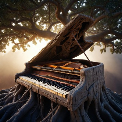 Piano with tree roots in sunlight