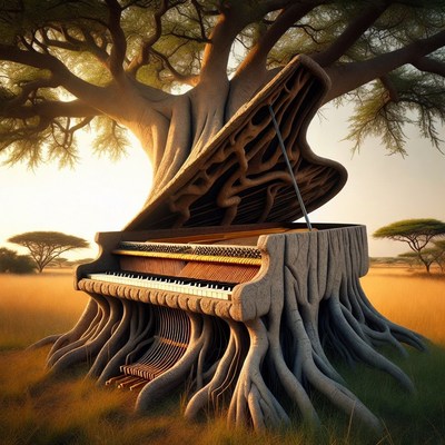 Piano emerging from a tree