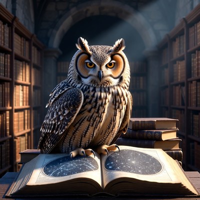 Owl on open book in library