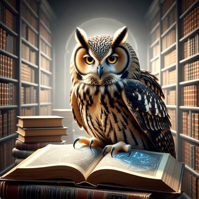 Owl in library on open book