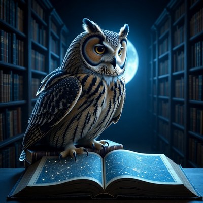 Owl reading in library at night