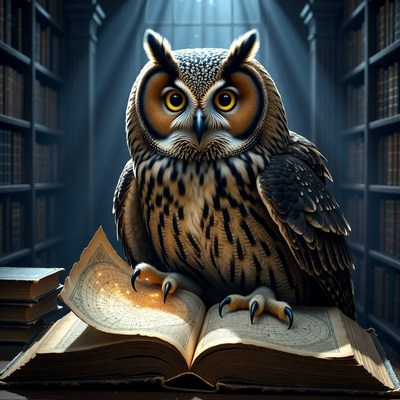 Owl reading in library setting