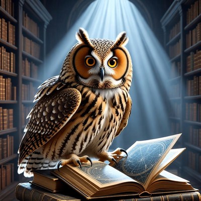 Owl reading in library