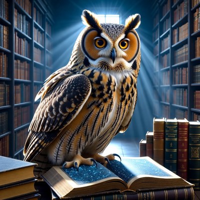 Owl sitting on an open book in library