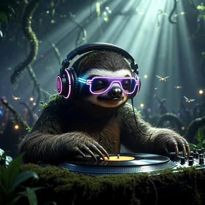 Sloth dj in vibrant jungle setting